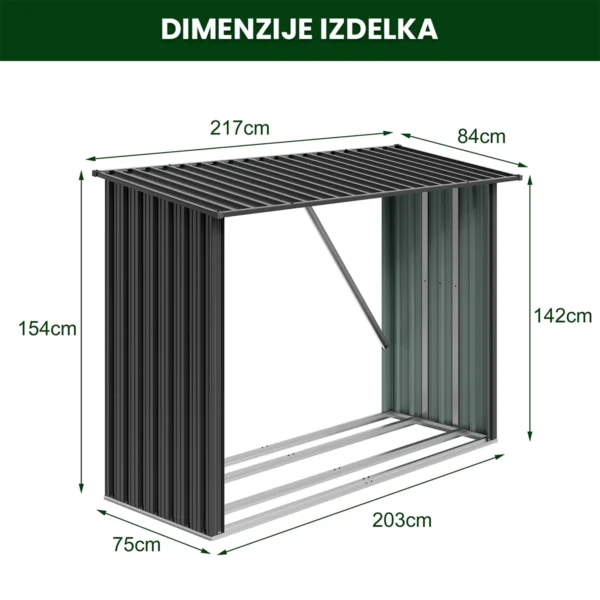 Kovinski nadstrešek za drva Premium - 84 × 217 × 154 cm (1,9 m²)